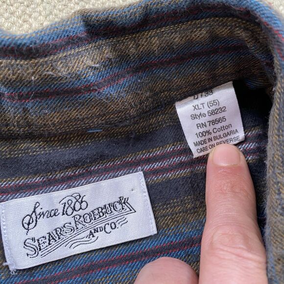Vintage 90s Sears Flannel Shirt XL Tall Brown Stripe Blanket Cotton - Picture 4 of 7